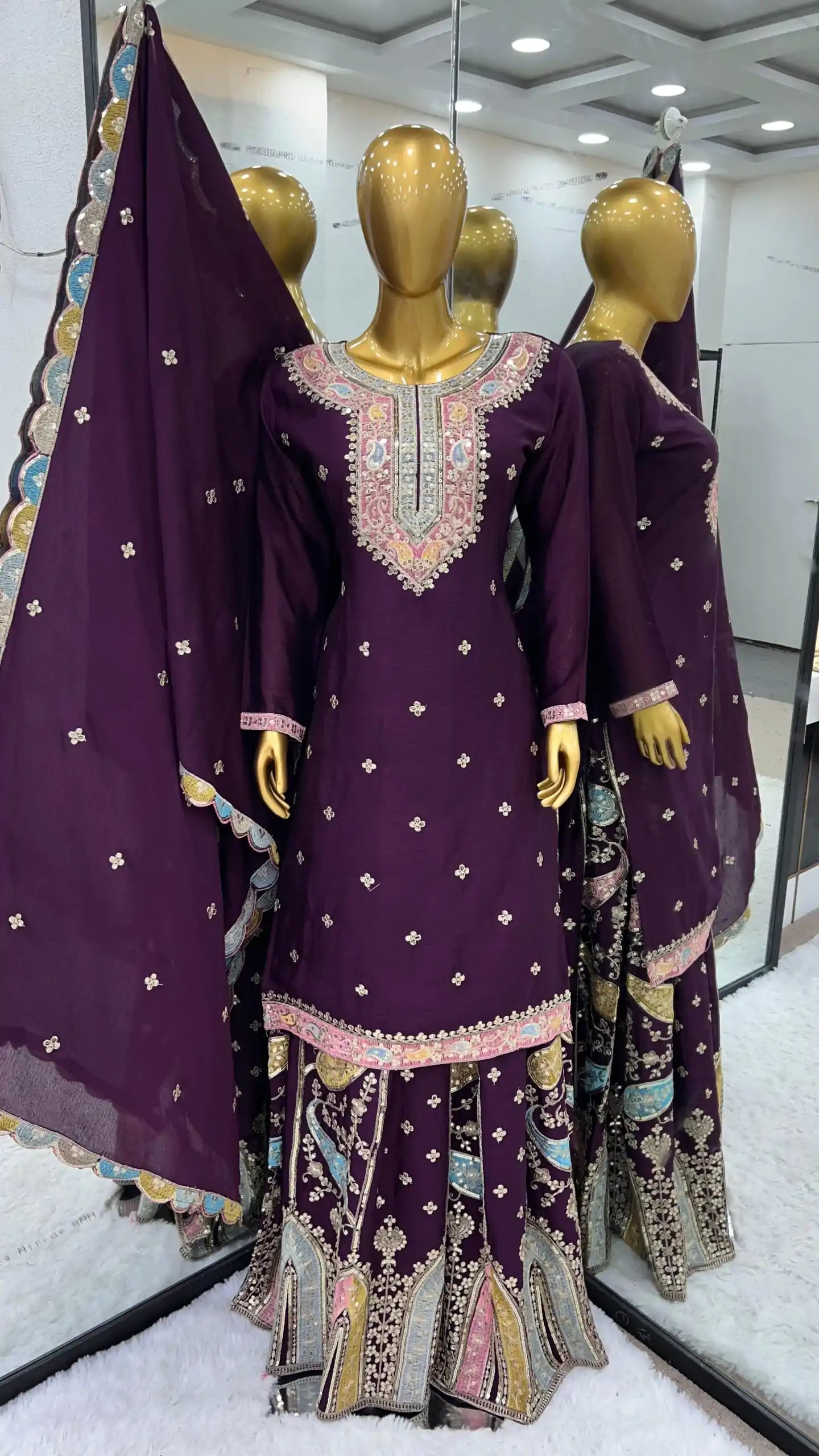 ZF 377 Purple Color Chinnon Silk Embroidery Sequence Salwar Suit Casual, Wedding, Party, Events Etc. Expected Delivery 4-6 Working Days 2499/- | Casual Suits, Jump Suits, Salwar suit, Creative suits, Designer Suits, Palazzo Suits, Party Wear Suits, Patiala Suits, Straight Suits