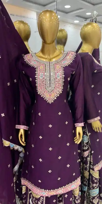 ZF 377 Purple Color Chinnon Silk Embroidery Sequence Salwar Suit Casual, Wedding, Party, Events Etc. Expected Delivery 4-6 Working Days 2499/- | Casual Suits, Jump Suits, Salwar suit, Creative suits, Designer Suits, Palazzo Suits, Party Wear Suits, Patiala Suits, Straight Suits