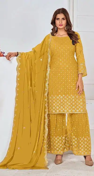 FC 5609 Yellow Color Cute Light Green Color Georgette Embroidery Stone Sharara Suit Wedding, Party, Festive Expected Delivery 4-6 Working Days  @2199/- | Casual Suits, Jump Suits, Salwar suit, Creative suits, Designer Suits, Palazzo Suits, Party Wear Suits, Patiala Suits, Straight Suits