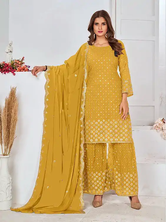 FC 5609 Yellow Color Cute Light Green Color Georgette Embroidery Stone Sharara Suit Wedding, Party, Festive Expected Delivery 4-6 Working Days  @2199/- | Casual Suits, Jump Suits, Salwar suit, Creative suits, Designer Suits, Palazzo Suits, Party Wear Suits, Patiala Suits, Straight Suits
