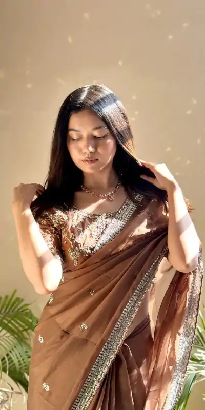 AC MAGIC CIRCLE Brown Color Pure Soft Organza Embroidery Zari Saree Casual, Wedding, Festive, Events Expected Delivery 4-6 Working Days @2099/- | Designer Sarees, Embroidered Sarees, Sarees, Bollywood Sarees, Creative Sarees, Ethnic Saree, Modern Digital sarees, Party Wear Sarees