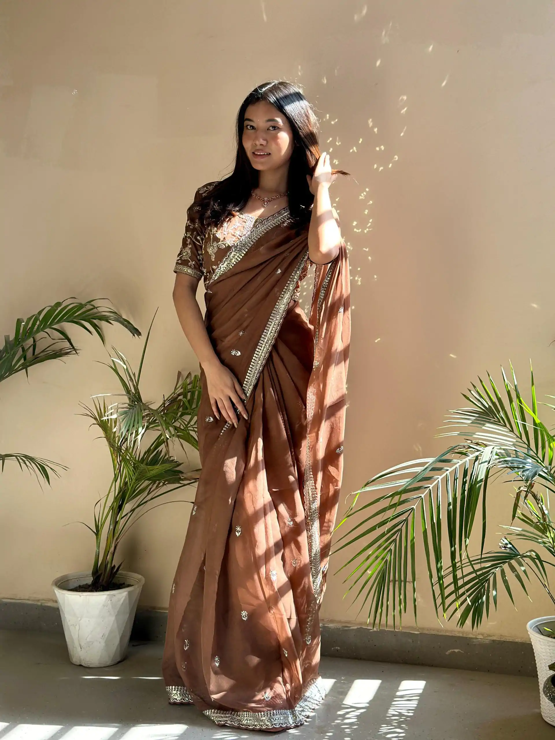 AC MAGIC CIRCLE Brown Color Pure Soft Organza Embroidery Zari Saree Casual, Wedding, Festive, Events Expected Delivery 4-6 Working Days @2099/- | Designer Sarees, Embroidered Sarees, Sarees, Bollywood Sarees, Creative Sarees, Ethnic Saree, Modern Digital sarees, Party Wear Sarees