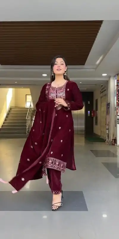 ZF 343 Maroon Color Viscose Velvet Embroidery Salwar Suit Casual, Wedding, Party, Events Etc. Expected Delivery 4-6 Working Days 1899/- | Casual Suits, Jump Suits, Salwar suit, Creative suits, Designer Suits, Palazzo Suits, Party Wear Suits, Patiala Suits, Straight Suits