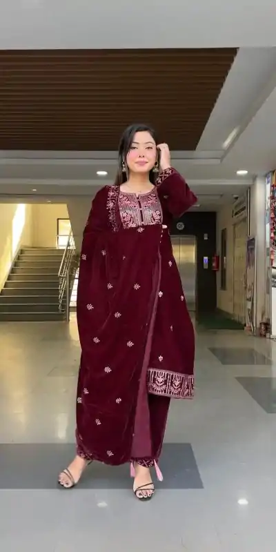 ZF 343 Maroon Color Viscose Velvet Embroidery Salwar Suit Casual, Wedding, Party, Events Etc. Expected Delivery 4-6 Working Days 1899/- | Casual Suits, Jump Suits, Salwar suit, Creative suits, Designer Suits, Palazzo Suits, Party Wear Suits, Patiala Suits, Straight Suits