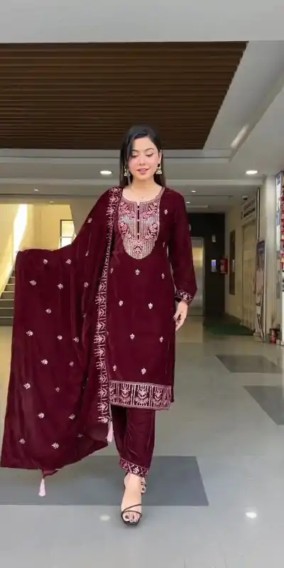 ZF 343 Maroon Color Viscose Velvet Embroidery Salwar Suit Casual, Wedding, Party, Events Etc. Expected Delivery 4-6 Working Days 1899/- | Casual Suits, Jump Suits, Salwar suit, Creative suits, Designer Suits, Palazzo Suits, Party Wear Suits, Patiala Suits, Straight Suits