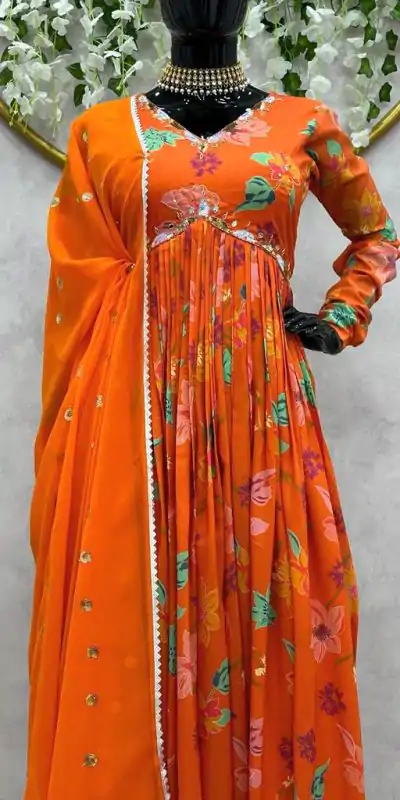 KD 1375 Orange Color Muslin Digital Print With Hand Work Salwar Suit Casual, Party, Festive, Events Wedding Etc.  Expected Delivery 4-6 Working Days @2099/- | Casual Suits, Salwar suit, Creative suits, Designer Suits, Palazzo Suits, Party Wear Suits, Straight Suits