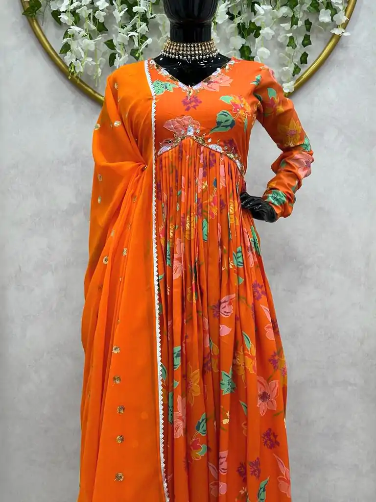 KD 1375 Orange Color Muslin Digital Print With Hand Work Salwar Suit Casual, Party, Festive, Events Wedding Etc.  Expected Delivery 4-6 Working Days @2099/- | Casual Suits, Salwar suit, Creative suits, Designer Suits, Palazzo Suits, Party Wear Suits, Straight Suits