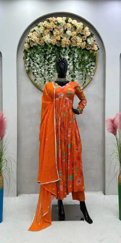 KD 1375 Orange Color Muslin Digital Print With Hand Work Salwar Suit Casual, Party, Festive, Events Wedding Etc.  Expected Delivery 4-6 Working Days @2099/- | Casual Suits, Salwar suit, Creative suits, Designer Suits, Palazzo Suits, Party Wear Suits, Straight Suits