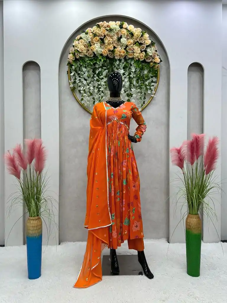 KD 1375 Orange Color Muslin Digital Print With Hand Work Salwar Suit Casual, Party, Festive, Events Wedding Etc.  Expected Delivery 4-6 Working Days @2099/- | Casual Suits, Salwar suit, Creative suits, Designer Suits, Palazzo Suits, Party Wear Suits, Straight Suits