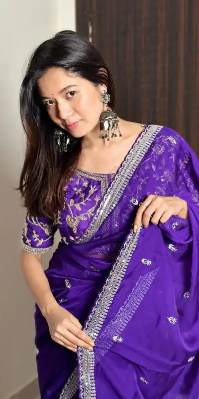 AC MAGIC CIRCLE Violet Color Pure Soft Organza Embroidery Zari Saree Casual, Wedding, Festive, Events Expected Delivery 4-6 Working Days @2099/- | Designer Sarees, Embroidered Sarees, Sarees, Bollywood Sarees, Creative Sarees, Ethnic Saree, Modern Digital sarees, Party Wear Sarees