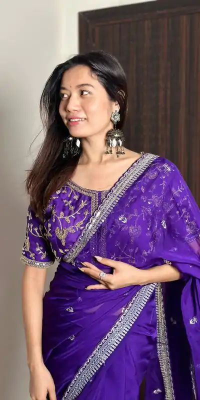 AC MAGIC CIRCLE Violet Color Pure Soft Organza Embroidery Zari Saree Casual, Wedding, Festive, Events Expected Delivery 4-6 Working Days @2099/- | Designer Sarees, Embroidered Sarees, Sarees, Bollywood Sarees, Creative Sarees, Ethnic Saree, Modern Digital sarees, Party Wear Sarees