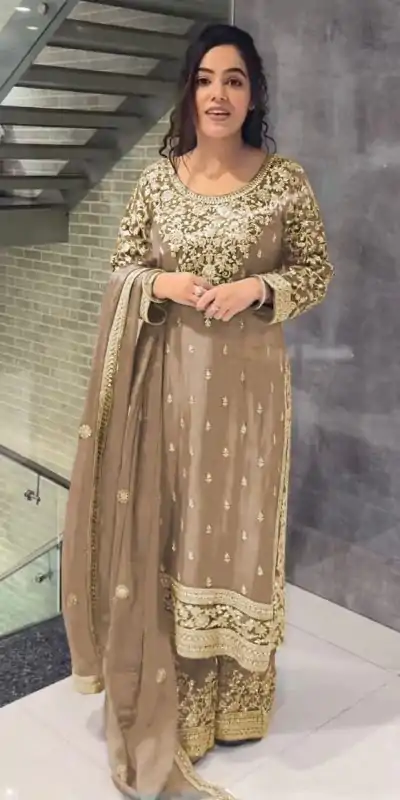 SSR 477 Cream Color Chinnon Silk Embroidery Sequence Salwar Suit Wedding, Party, Festive, Events Expected Delivery 4-6 Working Days @ 2099/- | Casual Suits, Jump Suits, Salwar suit, Creative suits, Designer Suits, Palazzo Suits, Party Wear Suits, Patiala Suits, Straight Suits