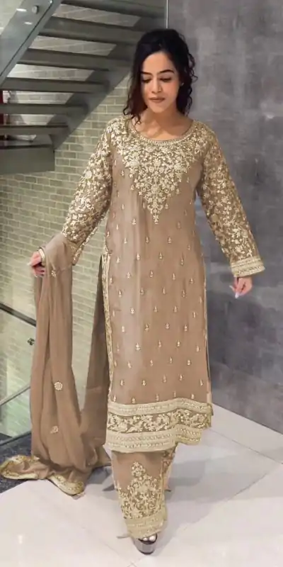 SSR 477 Cream Color Chinnon Silk Embroidery Sequence Salwar Suit Wedding, Party, Festive, Events Expected Delivery 4-6 Working Days @ 2099/- | Casual Suits, Jump Suits, Salwar suit, Creative suits, Designer Suits, Palazzo Suits, Party Wear Suits, Patiala Suits, Straight Suits