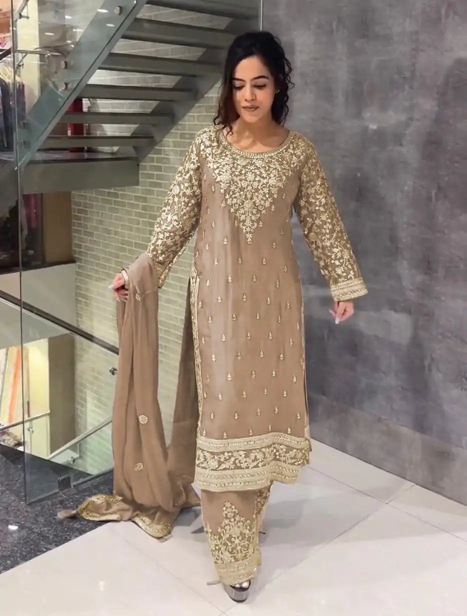 SSR 477 Cream Color Chinnon Silk Embroidery Sequence Salwar Suit Wedding, Party, Festive, Events Expected Delivery 4-6 Working Days @ 2099/- | Casual Suits, Jump Suits, Salwar suit, Creative suits, Designer Suits, Palazzo Suits, Party Wear Suits, Patiala Suits, Straight Suits