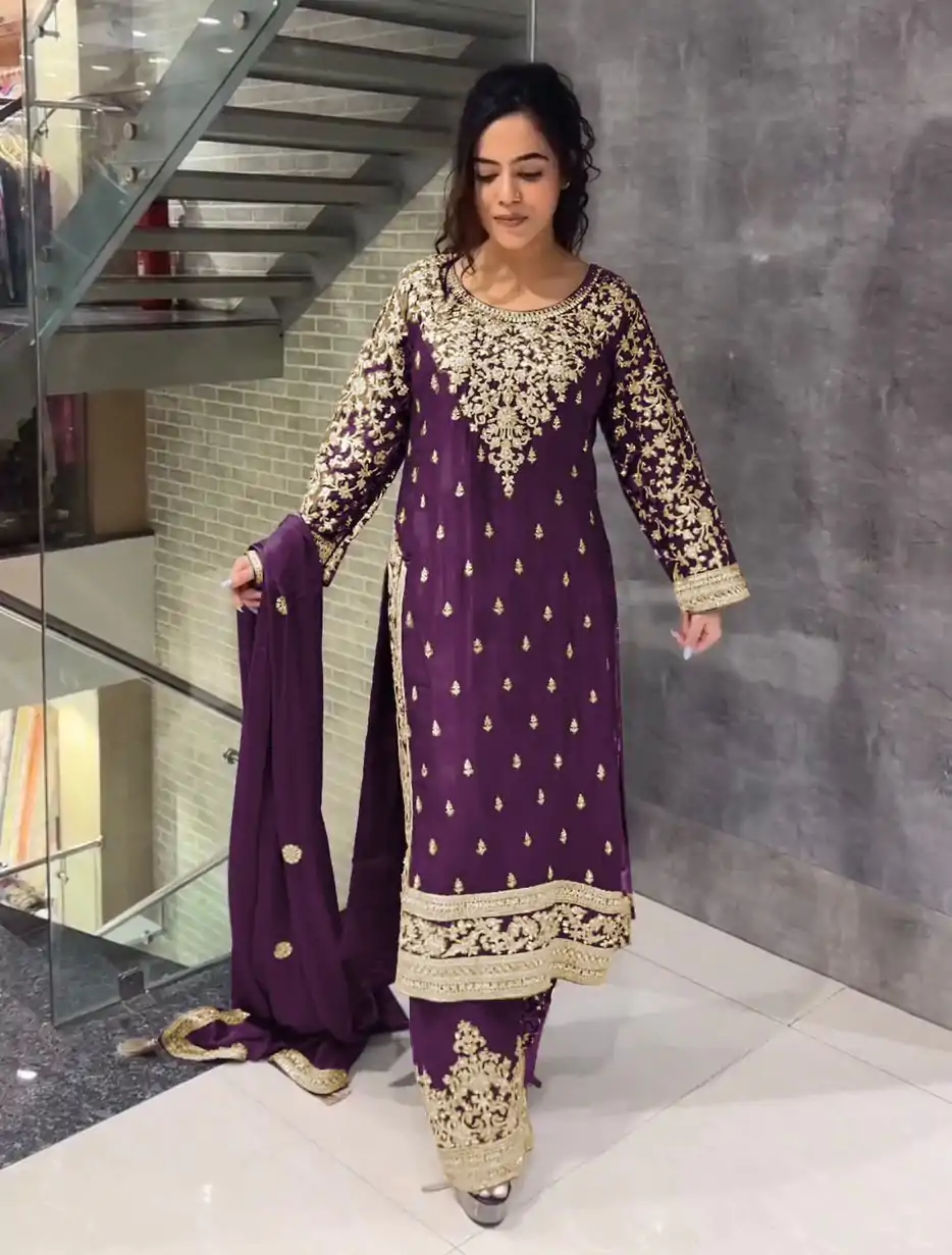 SSR 477 Purple Color Chinnon Silk Embroidery Sequence Salwar Suit Wedding, Party, Festive, Events Expected Delivery 4-6 Working Days @ 2099/- | Casual Suits, Jump Suits, Salwar suit, Creative suits, Designer Suits, Palazzo Suits, Party Wear Suits, Patiala Suits, Straight Suits