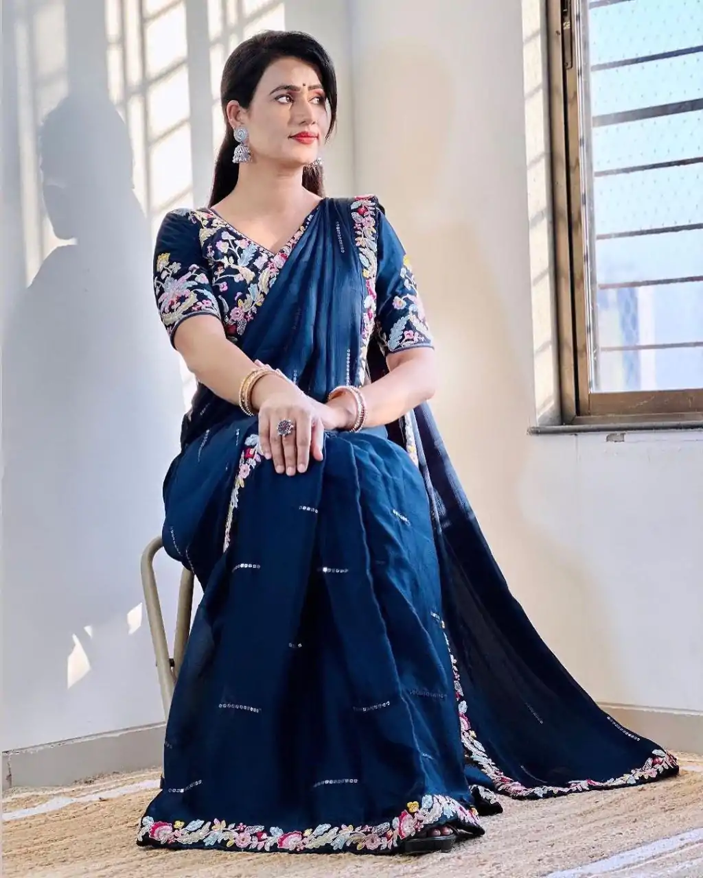 BT 3107 Blue Color Rangoli Silk Beautiful Embroidery Saree Casual, Party Wear, Traditional Wear, Wedding Wear, Events Etc.@1799/- | Designer Sarees, Sarees, Bollywood Sarees, Creative Sarees, Ethnic Saree, Modern Digital sarees, Party Wear Sarees