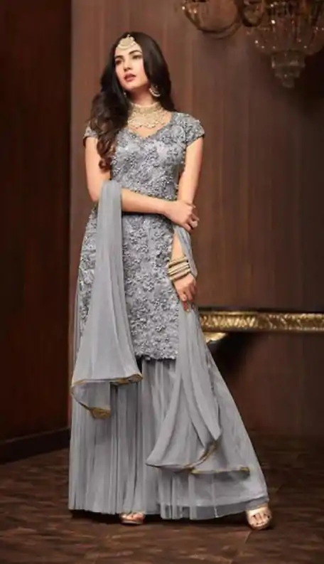 FC Maisha 1103 Cement Color Football Net Embroidery Sharara Suit Wedding, Party, Festive Expected Delivery 4-6 Working Days @2099/- | Casual Suits, Jump Suits, Salwar suit, Creative suits, Designer Suits, Palazzo Suits, Party Wear Suits, Patiala Suits, Straight Suits