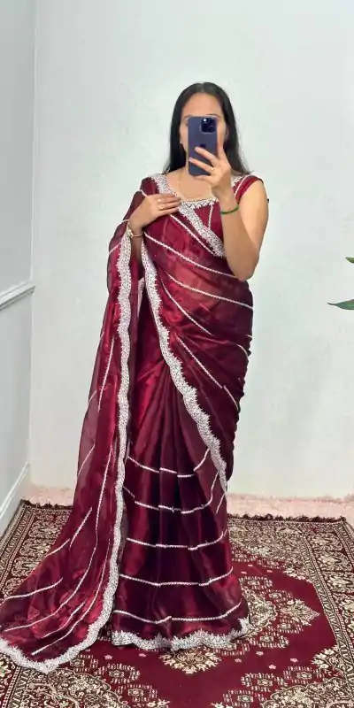 ST 476 Maroon Color Burbary Blooming Embroidery Zari Saree Casual, Wedding, Party, Festive, Events Etc. Expected Delivery 4-6 Working Days @1899/- | Designer Sarees, Embroidered Sarees, Sarees, Bollywood Sarees, Creative Sarees, Ethnic Saree, Modern Digital sarees, Party Wear Sarees