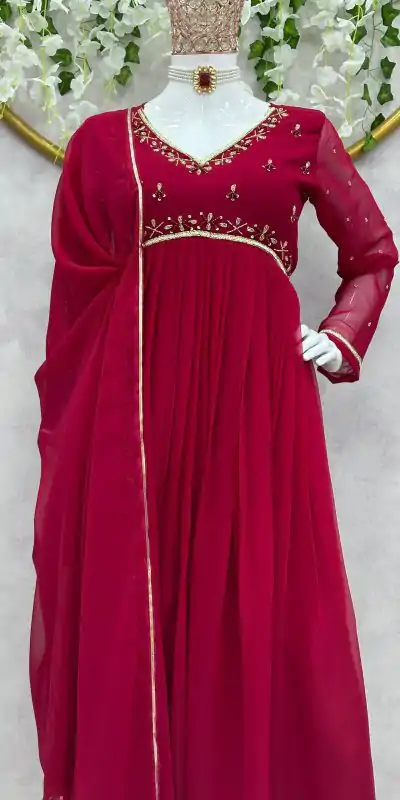 KD 1418 Maroon Color Georgette Hand Work Anarkali Suite Casual, Wedding, Party, Festive, Events Etc. Expected Delivery 4-6 Working Days @1949/- | Anarkali Suits, Creative-Anarkali, Designer Anarkali, Embroidered Anarkali, Party Wear Anarkali