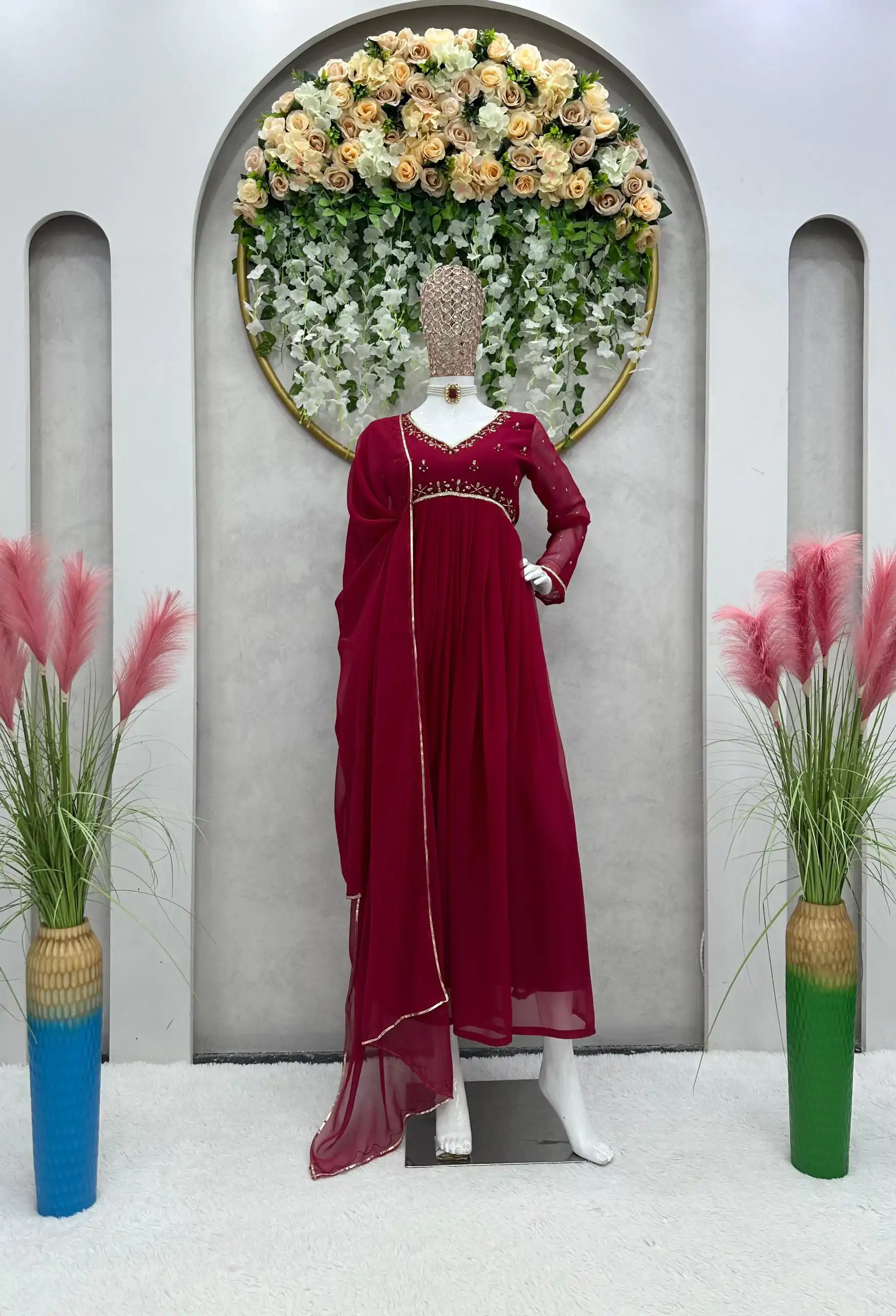  KD 1418 Maroon Color Georgette Hand Work Anarkali Suite Casual, Wedding, Party, Festive, Events Etc. Expected Delivery 4-6 Working Days @1949/- | Anarkali Suits, Creative-Anarkali, Designer Anarkali, Embroidered Anarkali, Party Wear Anarkali