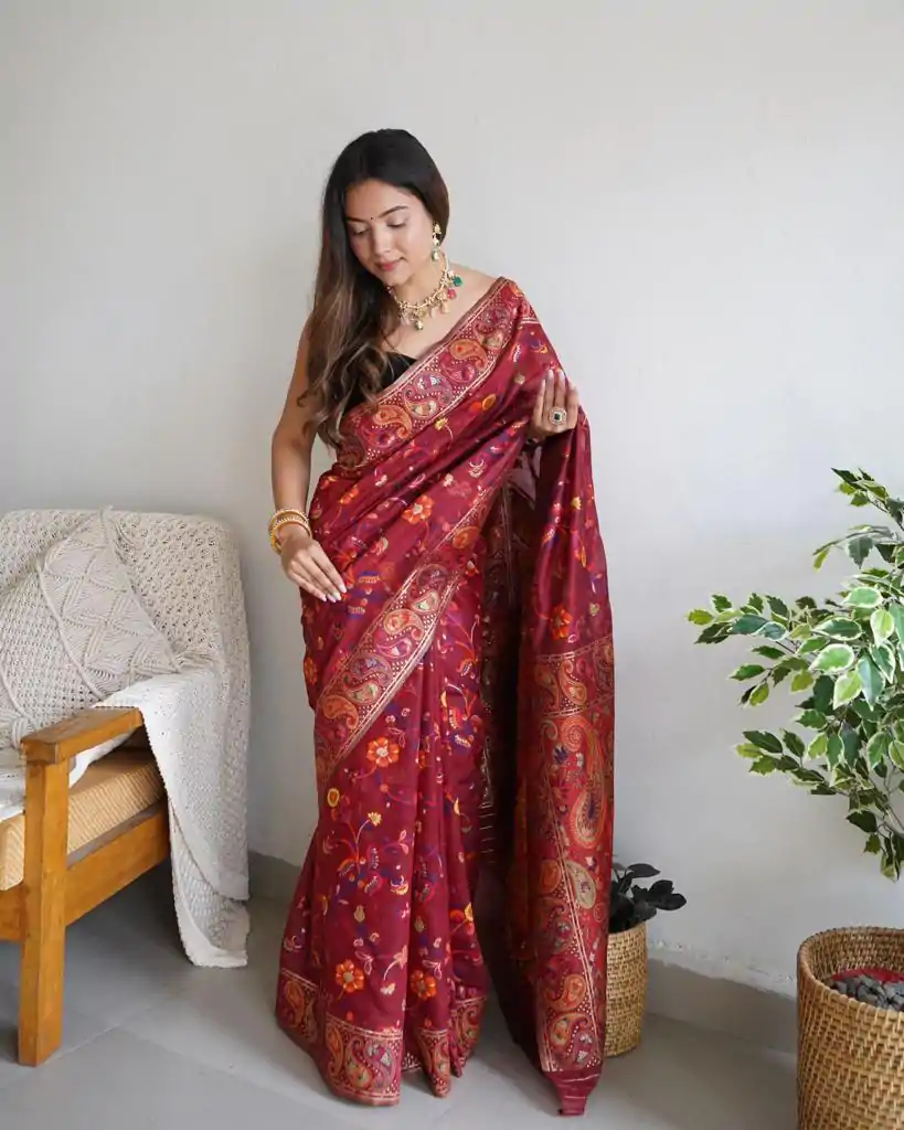 DDF 504 Maroon Color Kashmiri Running Thread Zari Work Saree Casual, Party Wear, Events, Festivals Etc. Expected Delivery 4-6 Working Days 2499/- | Designer Sarees, Embroidered Sarees, Sarees, Bollywood Sarees, Creative Sarees, Ethnic Saree, Modern Digital sarees, Party Wear Sarees