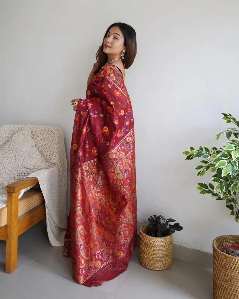 DDF 504 Maroon Color Kashmiri Running Thread Zari Work Saree Casual, Party Wear, Events, Festivals Etc. Expected Delivery 4-6 Working Days 2499/- | Designer Sarees, Embroidered Sarees, Sarees, Bollywood Sarees, Creative Sarees, Ethnic Saree, Modern Digital sarees, Party Wear Sarees