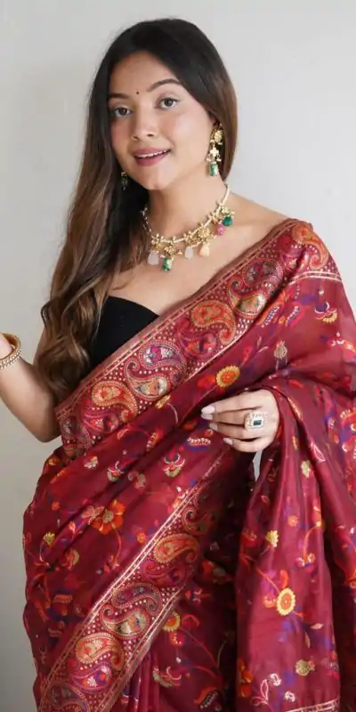DDF 504 Maroon Color Kashmiri Running Thread Zari Work Saree Casual, Party Wear, Events, Festivals Etc. Expected Delivery 4-6 Working Days 2499/- | Designer Sarees, Embroidered Sarees, Sarees, Bollywood Sarees, Creative Sarees, Ethnic Saree, Modern Digital sarees, Party Wear Sarees