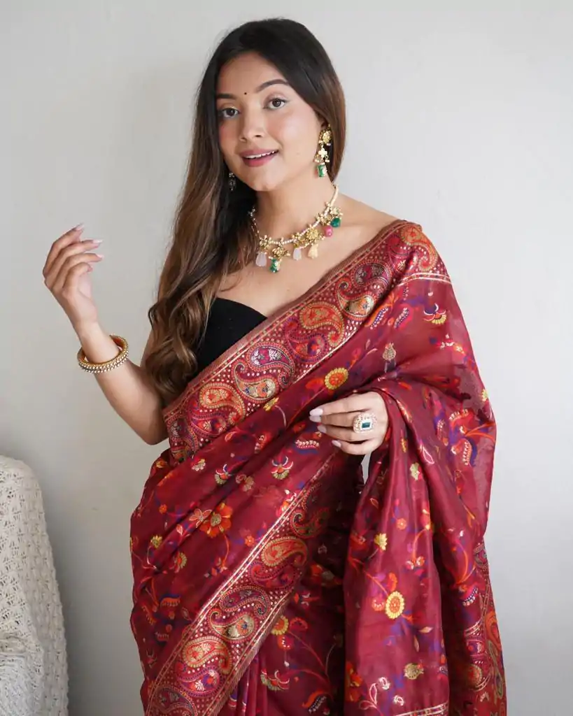 DDF 504 Maroon Color Kashmiri Running Thread Zari Work Saree Casual, Party Wear, Events, Festivals Etc. Expected Delivery 4-6 Working Days 2499/- | Designer Sarees, Embroidered Sarees, Sarees, Bollywood Sarees, Creative Sarees, Ethnic Saree, Modern Digital sarees, Party Wear Sarees
