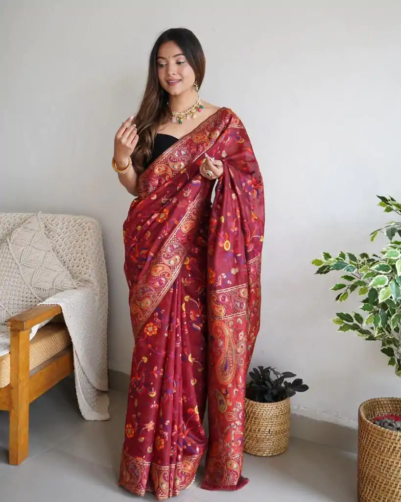DDF 504 Maroon Color Kashmiri Running Thread Zari Work Saree Casual, Party Wear, Events, Festivals Etc. Expected Delivery 4-6 Working Days 2499/- | Designer Sarees, Embroidered Sarees, Sarees, Bollywood Sarees, Creative Sarees, Ethnic Saree, Modern Digital sarees, Party Wear Sarees