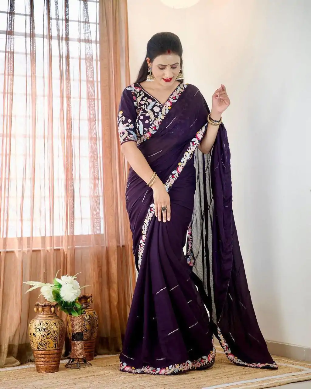 BT 3107 Purple Color Rangoli Silk Beautiful Embroidery Saree Casual, Party Wear, Traditional Wear, Wedding Wear, Events Etc.@1799/- | Designer Sarees, Sarees, Bollywood Sarees, Creative Sarees, Ethnic Saree, Modern Digital sarees, Party Wear Sarees