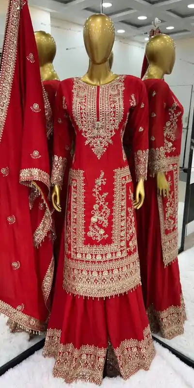 SRK 5146 Red Color Pure Chinnon Silk Embroidery Coding Dori Salwar Suit Wedding, Party, Festive, Events Expected Delivery 4-6 Working Days @ 2199/- | Casual Suits, Jump Suits, Salwar suit, Creative suits, Designer Suits, Palazzo Suits, Party Wear Suits, Patiala Suits, Straight Suits