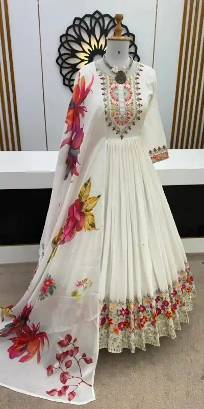 ZF 385 White Color Chinon Silk Embroidery Sequence Gonw Casual, Wedding, Party, Festive, Events Etc. Expected Delivery 4-6 Working Days @2099/- | Gowns, Bollywood Gowns, Creative Gowns, Designer Gowns, Embroidered Gowns, Party Wear Gowns