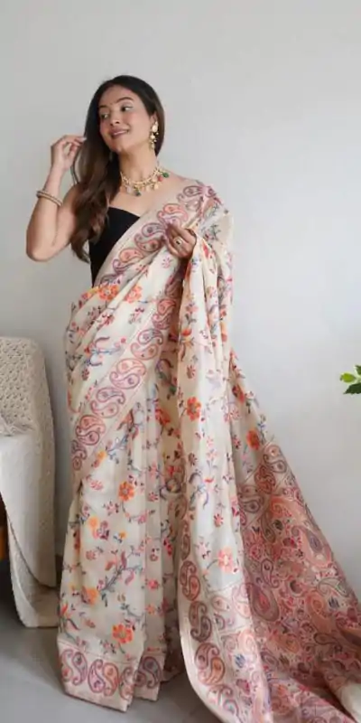 DDF 504 White Color Kashmiri Running Thread Zari Work Saree Casual, Party Wear, Events, Festivals Etc. Expected Delivery 4-6 Working Days 2499/- | Designer Sarees, Embroidered Sarees, Sarees, Bollywood Sarees, Creative Sarees, Ethnic Saree, Modern Digital sarees, Party Wear Sarees