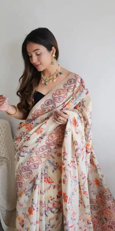 DDF 504 White Color Kashmiri Running Thread Zari Work Saree Casual, Party Wear, Events, Festivals Etc. Expected Delivery 4-6 Working Days 2499/- | Designer Sarees, Embroidered Sarees, Sarees, Bollywood Sarees, Creative Sarees, Ethnic Saree, Modern Digital sarees, Party Wear Sarees