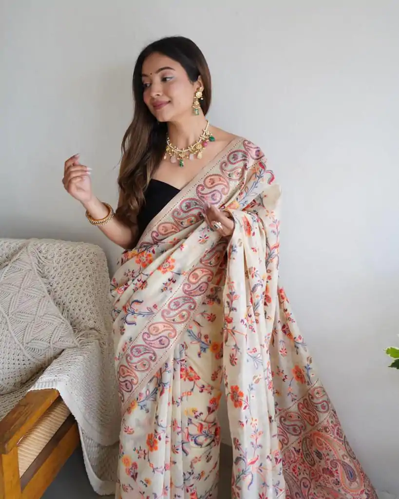 DDF 504 White Color Kashmiri Running Thread Zari Work Saree Casual, Party Wear, Events, Festivals Etc. Expected Delivery 4-6 Working Days 2499/- | Designer Sarees, Embroidered Sarees, Sarees, Bollywood Sarees, Creative Sarees, Ethnic Saree, Modern Digital sarees, Party Wear Sarees