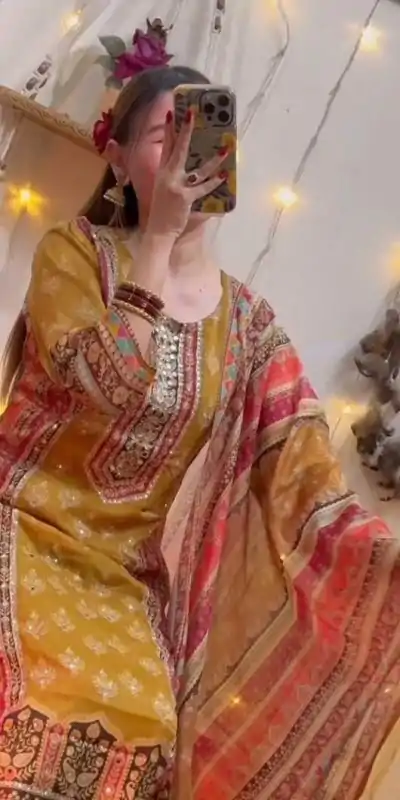 LG 1866 Yellow color Maslin Printed Real Mirror Work Salwar Suit Casual, Wedding, Party, Festive, Events . Expected Delivery  4-6 Working Days @1799/- | Casual Suits, Salwar suit, Creative suits, Designer Suits, Palazzo Suits, Party Wear Suits, Patiala Suits, Straight Suits