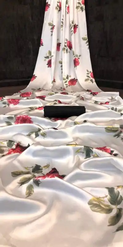 Veechis FLORAL White & Red Color Heavy Devsena Soft Silk Beautiful Digital Printed Saree Casual, Festive, Events. Expected Delivery 4-6 Working Days @1499 | Designer Sarees, Embroidered Sarees, Sarees, Bollywood Sarees, Creative Sarees, Modern Digital sarees, Party Wear Sarees