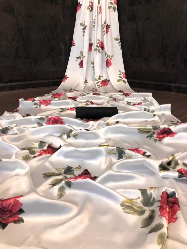 Veechis FLORAL White & Red Color Heavy Devsena Soft Silk Beautiful Digital Printed Saree Casual, Festive, Events. Expected Delivery 4-6 Working Days @1499 | Designer Sarees, Embroidered Sarees, Sarees, Bollywood Sarees, Creative Sarees, Modern Digital sarees, Party Wear Sarees