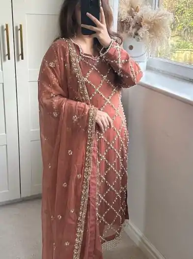 MF 409 Brown Color Georgette Embroidered Hand Work Salwar Suit Wedding, Party, Festive, Events Etc. Expected 4-6 Working Days @2149/- | Casual Suits, Jump Suits, Salwar suit, Creative suits, Designer Suits, Palazzo Suits, Party Wear Suits, Patiala Suits, Straight Suits