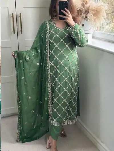 MF 409 Dark Green Color Georgette Embroidered Hand Work Salwar Suit Wedding, Party, Festive, Events Etc. Expected 4-6 Working Days @2149/- | Casual Suits, Jump Suits, Salwar suit, Creative suits, Designer Suits, Palazzo Suits, Party Wear Suits, Patiala Suits, Straight Suits