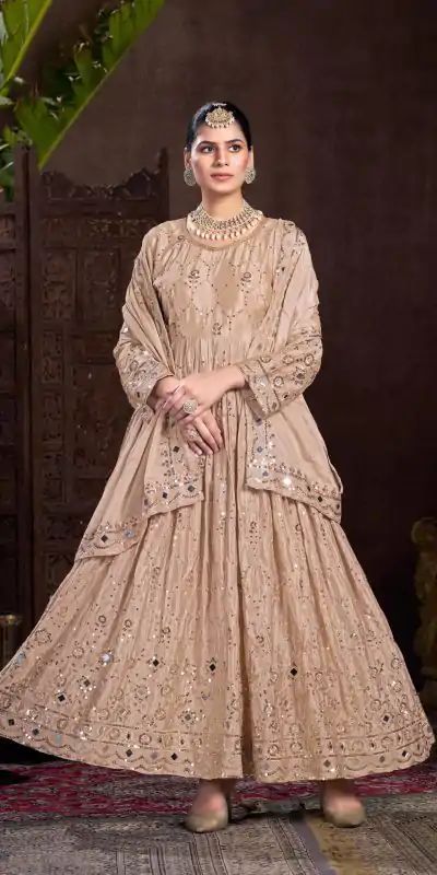 VLM 208 Golden Color Chinon Silk Embroidery Sequence Gown Casual, Wedding, Party, Festive, Events Etc. Expected Delivery 4-6 Working Days @2099/- | Gowns, Bollywood Gowns, Creative Gowns, Designer Gowns, Embroidered Gowns, Party Wear Gowns