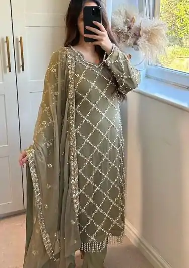 MF 409 Grey Color Georgette Embroidered Hand Work Salwar Suit Wedding, Party, Festive, Events Etc. Expected 4-6 Working Days @2149/- | Casual Suits, Jump Suits, Salwar suit, Creative suits, Designer Suits, Palazzo Suits, Party Wear Suits, Patiala Suits, Straight Suits
