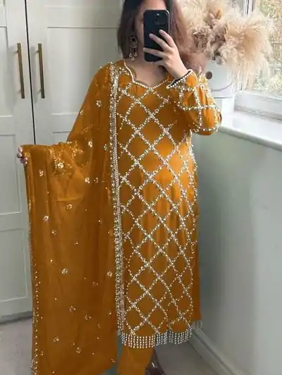 MF 409 Mustard Color Georgette Embroidered Hand Work Salwar Suit Wedding, Party, Festive, Events Etc. Expected 4-6 Working Days @2149/- | Casual Suits, Jump Suits, Salwar suit, Creative suits, Designer Suits, Palazzo Suits, Party Wear Suits, Patiala Suits, Straight Suits