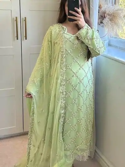 MF 409 Pista Color Georgette Embroidered Hand Work Salwar Suit Wedding, Party, Festive, Events Etc. Expected 4-6 Working Days @2149/- | Casual Suits, Jump Suits, Salwar suit, Creative suits, Designer Suits, Palazzo Suits, Party Wear Suits, Patiala Suits, Straight Suits
