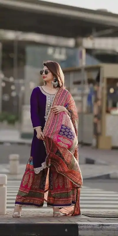 AD 165 Violet Color Chinon Silk Embroidery Work Sharara Suit Casual, Wedding, Party, Festive, Events Etc. Expected Delivery 4-6 Working Days @1999/- | Casual Suits, Jump Suits, Salwar suit, Creative suits, Designer Suits, Palazzo Suits, Party Wear Suits, Patiala Suits, Straight Suits