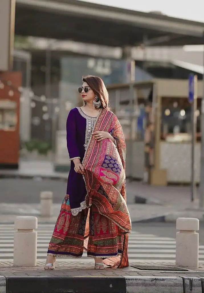 AD 165 Violet Color Chinon Silk Embroidery Work Sharara Suit Casual, Wedding, Party, Festive, Events Etc. Expected Delivery 4-6 Working Days @1999/- | Casual Suits, Jump Suits, Salwar suit, Creative suits, Designer Suits, Palazzo Suits, Party Wear Suits, Patiala Suits, Straight Suits