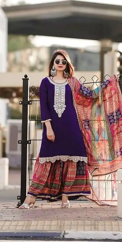 AD 165 Violet Color Chinon Silk Embroidery Work Sharara Suit Casual, Wedding, Party, Festive, Events Etc. Expected Delivery 4-6 Working Days @1999/- | Casual Suits, Jump Suits, Salwar suit, Creative suits, Designer Suits, Palazzo Suits, Party Wear Suits, Patiala Suits, Straight Suits