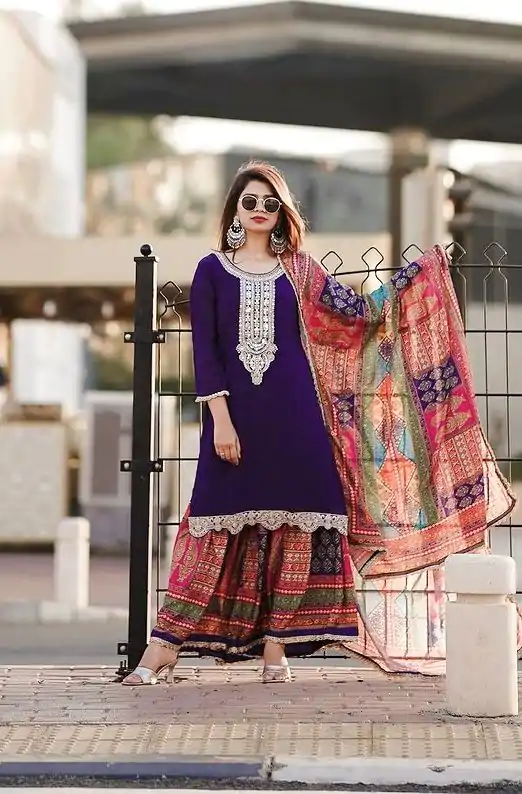 AD 165 Violet Color Chinon Silk Embroidery Work Sharara Suit Casual, Wedding, Party, Festive, Events Etc. Expected Delivery 4-6 Working Days @1999/- | Casual Suits, Jump Suits, Salwar suit, Creative suits, Designer Suits, Palazzo Suits, Party Wear Suits, Patiala Suits, Straight Suits