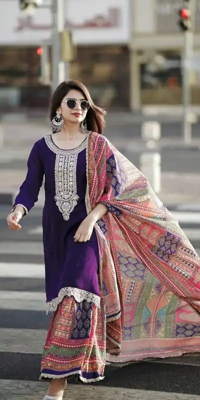 AD 165 Violet Color Chinon Silk Embroidery Work Sharara Suit Casual, Wedding, Party, Festive, Events Etc. Expected Delivery 4-6 Working Days @1999/- | Casual Suits, Jump Suits, Salwar suit, Creative suits, Designer Suits, Palazzo Suits, Party Wear Suits, Patiala Suits, Straight Suits