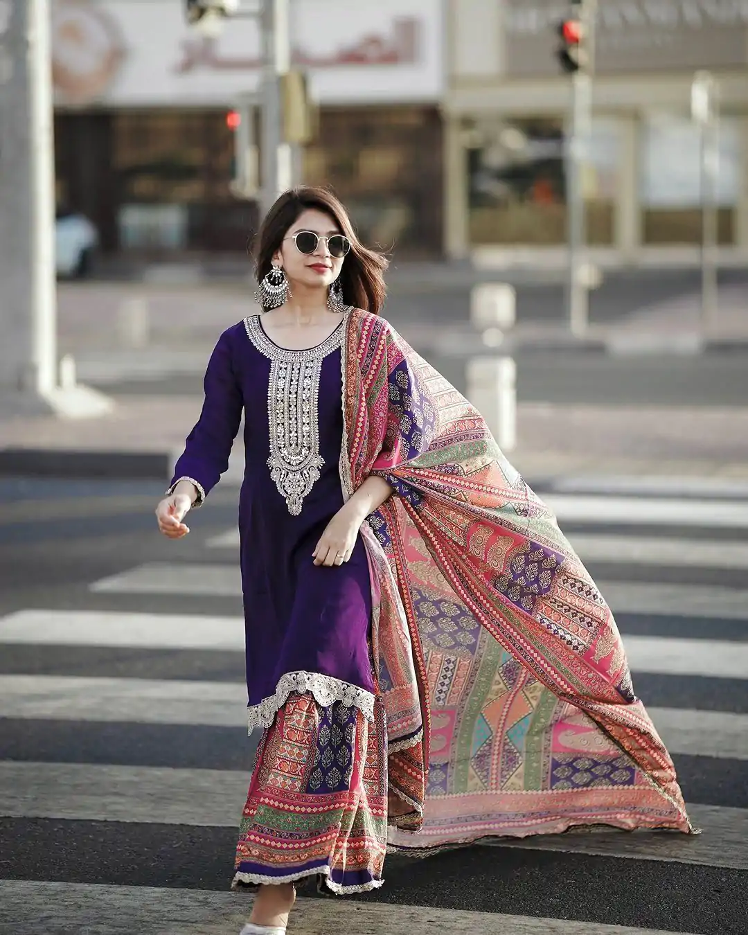 AD 165 Violet Color Chinon Silk Embroidery Work Sharara Suit Casual, Wedding, Party, Festive, Events Etc. Expected Delivery 4-6 Working Days @1999/- | Casual Suits, Jump Suits, Salwar suit, Creative suits, Designer Suits, Palazzo Suits, Party Wear Suits, Patiala Suits, Straight Suits
